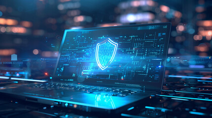 Laptop Computer Protection: Shield, Antivirus, Cybersecurity Concept