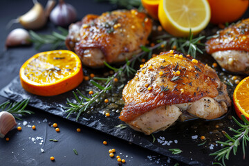 Baked turkey or chicken duck legs rubbed with spices baked as a dish on a dark slate close-up with elements of green rosemary and orange pieces
