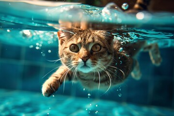 A cat is swimming in a pool of water. Summer heat concept, background - obrazy, fototapety, plakaty