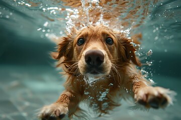 A dog is swimming in a pool and looking up. Summer heat concept, background