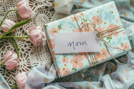 A gift box with a tag that says Mom. Happy Mother's Day concept