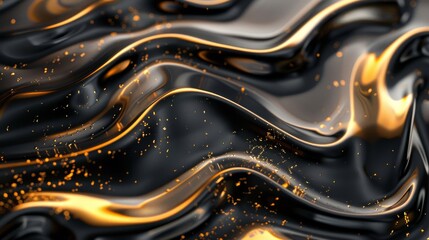 Bright gold and black, fluid, fusion, 3D. Background wallpaper. Abstract golden wavy texture.