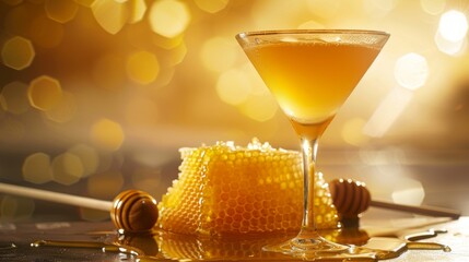 Golden Honey Cocktail Glass with Honeycomb on Ambient Backdrop
