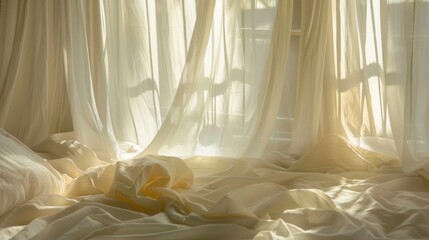 Serene Morning Light Streaming Through Sheer Curtains onto a Cozy Bedroom Interior
