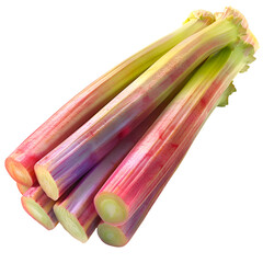  A photorealistic image of a fresh rhubarb stalk, its red and green colors vibrant, cut to show the pink interior, isolated on a Transparent background, PNG Cutout