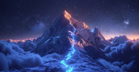 A mountain range with a blue path leading up to it - Powered by Adobe