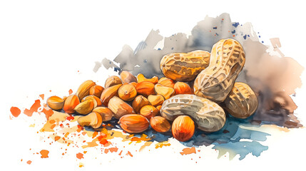 Peanut in a shell and cleared on a white background in the style of a watercolor drawing. - obrazy, fototapety, plakaty