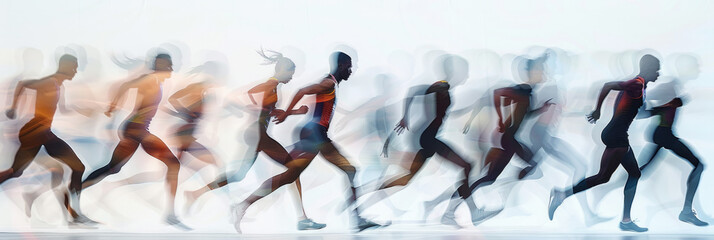 a long exposure photograph of multiple people track and field athletes, motion blur, the human figures appear as blurs against white background - obrazy, fototapety, plakaty