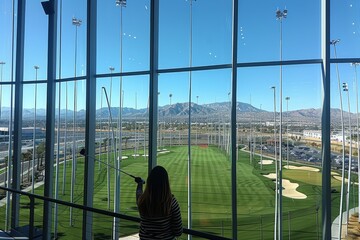 Woman Looking Out a Window at a Baseball Field - obrazy, fototapety, plakaty