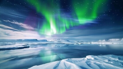 Majestic Aurora Borealis Display Over Serene Arctic Landscape