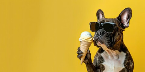 Cute Dog Wearing Sunglasses and Eating an Ice Cream Cone Space for Copy on a Yellow Background
