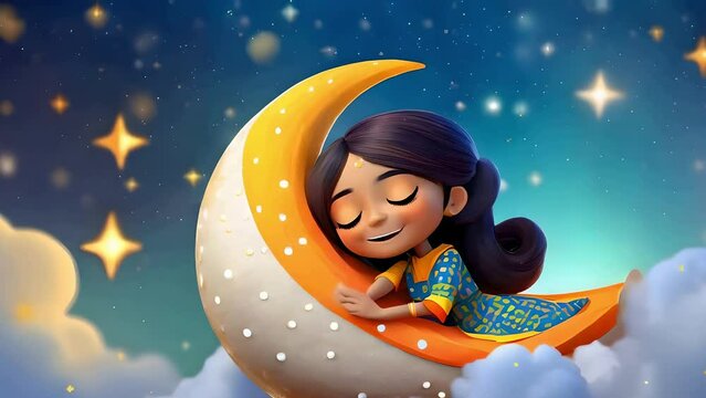illustration of a young girl with dark hair, sleeping soundly on a glowing crescent moon surrounded by stars, AI generated 4k, loop video.