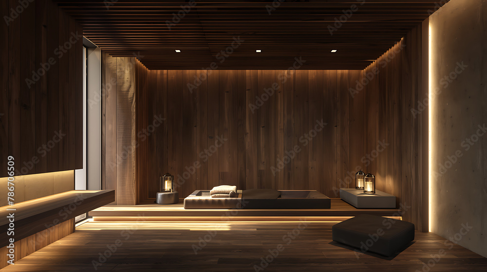 Poster This serene room features dark brown wooden walls and a matching wooden floor. - Posters