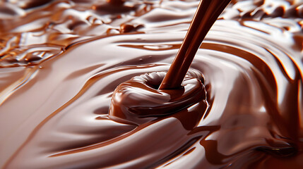 glossy, smooth liquid chocolate being poured, creating elegant swirls and waves. The rich texture of the chocolate is evident, and the glossy finish indicates its melted and fluid state.