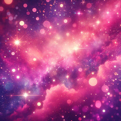 Fototapeta premium Rainbow unicorn pastel background with glitter stars. Pink fantasy sky. Holographic space with bokeh. Fairy iridescent gradient backdrop. Vector 