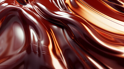 glossy, smooth liquid chocolate being poured, creating elegant swirls and waves. The rich texture of the chocolate is evident, and the glossy finish indicates its melted and fluid state. - obrazy, fototapety, plakaty