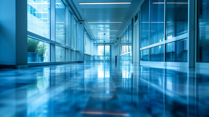 A large, empty hallway with blue walls and floors