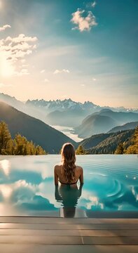 rear view of a woman relaxing in an infinity pool in the alps. She enjoys a stunning view of a beautiful mountain landscape with a lake in the valley. Relaxing vertical video.