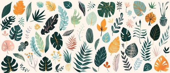 Floral and Leaf Pattern with Birds Seamless Vector Illustration