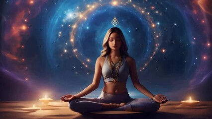 Serene woman meditating in cosmic atmosphere with candles, practices meditation in a mystical cosmic setting, surrounded by glowing candles and a celestial backdrop, AI generated 4k, loop video. - Powered by Adobe
