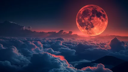 Selbstklebende Fototapeten Dramatic blood moon looming over a surreal landscape of dense, cloud-wrapped mountain peaks at dusk.. © kept