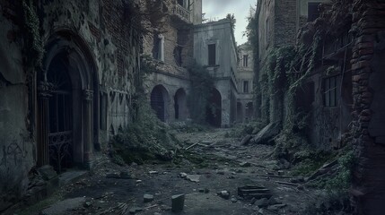 Image of crumbling abandoned ruined street. - obrazy, fototapety, plakaty