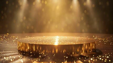 An empty round display platform covered in golden glitter sparkles under a bokeh light-filled...