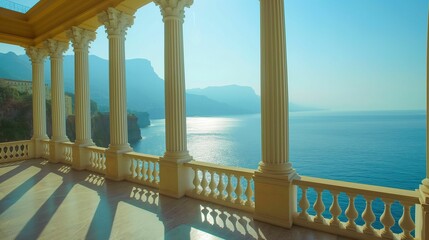 A luxurious terrace with classical columns offers a breathtaking view of a calm lake surrounded by mountains under a clear blue sky..