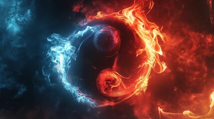Conceptual art piece features a dynamic yin yang symbol, representing balance with contrasting elements of fiery red flames and cool blue smoke.. - obrazy, fototapety, plakaty