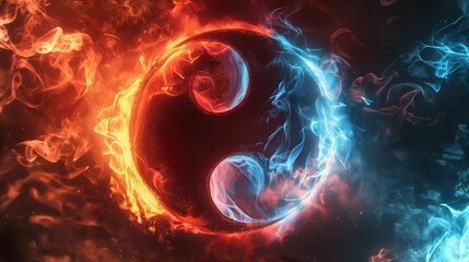 Conceptual art piece features a dynamic yin yang symbol, representing balance with contrasting elements of fiery red flames and cool blue smoke.. - obrazy, fototapety, plakaty