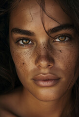 A close-up of a captivating young woman, her gaze holding a world of stories, while her freckled skin whispers tales of timeless elegance and raw beauty.