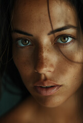 The captivating gaze of a young woman with a constellation of freckles and striking blue eyes conveys a story of depth and allure.