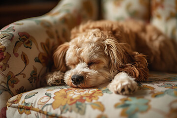 A fluffy dog lies asleep on a vintage floral-patterned couch, capturing a moment of pure tranquility and old-world charm.