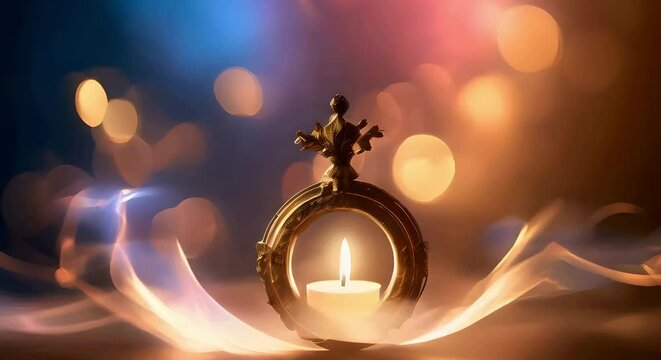 A ring, illuminated by candles and surrounded by enchanting lights and soft blurs, AI generated 4k, loop video.