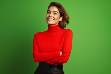Fototapeta premium A radiant woman in a sophisticated red turtleneck poses with crossed arms on a vivid green background, her smile conveying confidence and elegance.