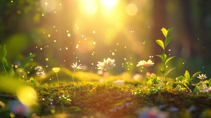 A field of flowers is bathed in sunlight