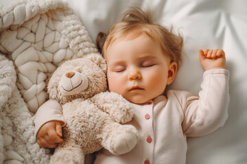 Cute little baby girl sleeps in her bed with toy teddy bear. View from above