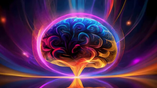 Colorful brain shaped like a tree against a radiant abstract background, symbolizing creativity, AI generated 4k, loop video.