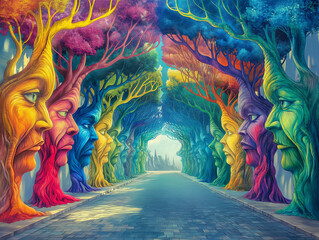 A colorful street with trees painted on them