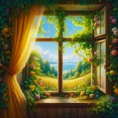 Realistic fantasy art old wooden window close up with yellow lace curtains.