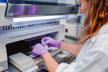 Female genetics worker placing the strips with DNA into the PCR thermal cycler or amplifier for PCR diagnostics