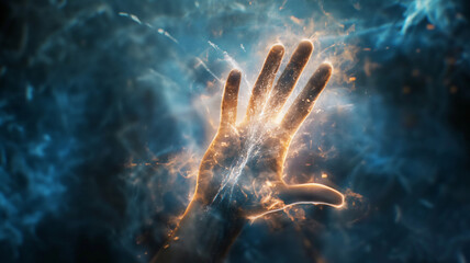 Hand with cosmic energy streams and particles against a dark, nebulous background. - obrazy, fototapety, plakaty