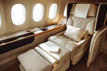 Luxurious first class leather airplane seat. Travel in style.