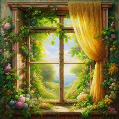 Realistic fantasy art old wooden window close up with yellow lace curtains.