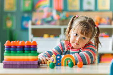 Little girl with Down syndrome playing with toys in Montessori school. Social Inclusion, children with disabilities and special needs concept