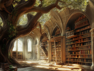A tree is growing in the middle of a library with many bookshelves - obrazy, fototapety, plakaty