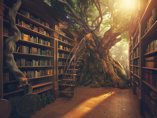 A library with a tree in the middle of it - obrazy, fototapety, plakaty