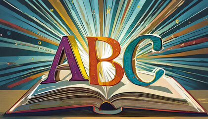 ABC alphabet letters on book with colorful rays in background - obrazy, fototapety, plakaty