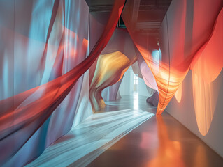 A long hallway with red, blue, and yellow curtains hanging from the ceiling - Powered by Adobe