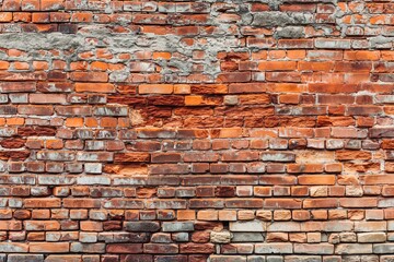 Naklejka premium Old red brick wall background, wide panorama of masonry